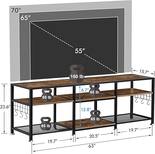 Miniatura 3 de VECELO Soporte de TV para centro de entretenimiento de 70 pulgadas con estantes de almacenamiento abiertos de 3 niveles, mesa de armario con marco