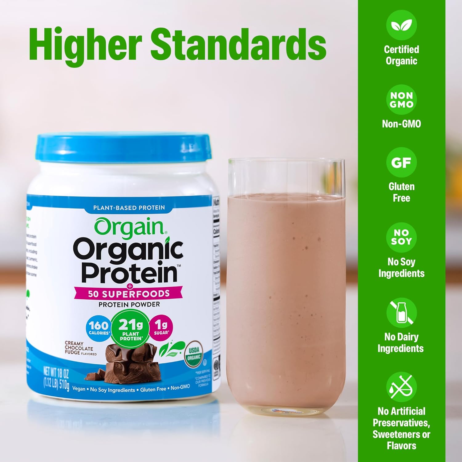 Orgain Organic Vegan Protein + 50 Superfoods Powder, Creamy Chocolate Fudge - 21g Plant Based Protein, 10g Prebiotic Fiber, No Lactose Ingredients, Gluten Free, No Added Sugar, Non-GMO, 1.12 lb
