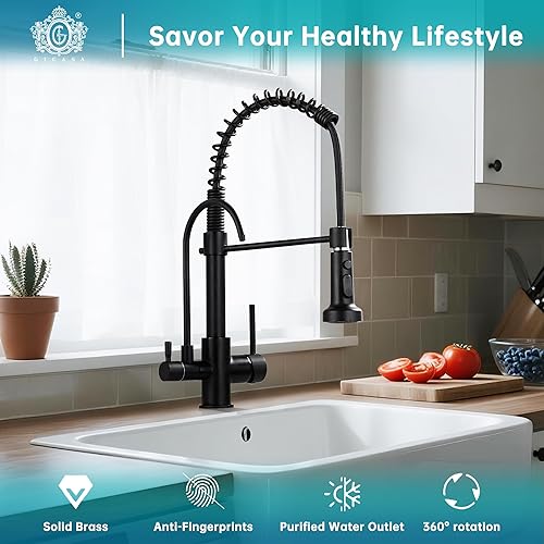 Miniatura 2 de Grifo de cocina negro de resorte 3 en 1, rociador extraíble de un solo orificio de arco alto, grifo de fregadero de cocina, sistema RO grifo de
