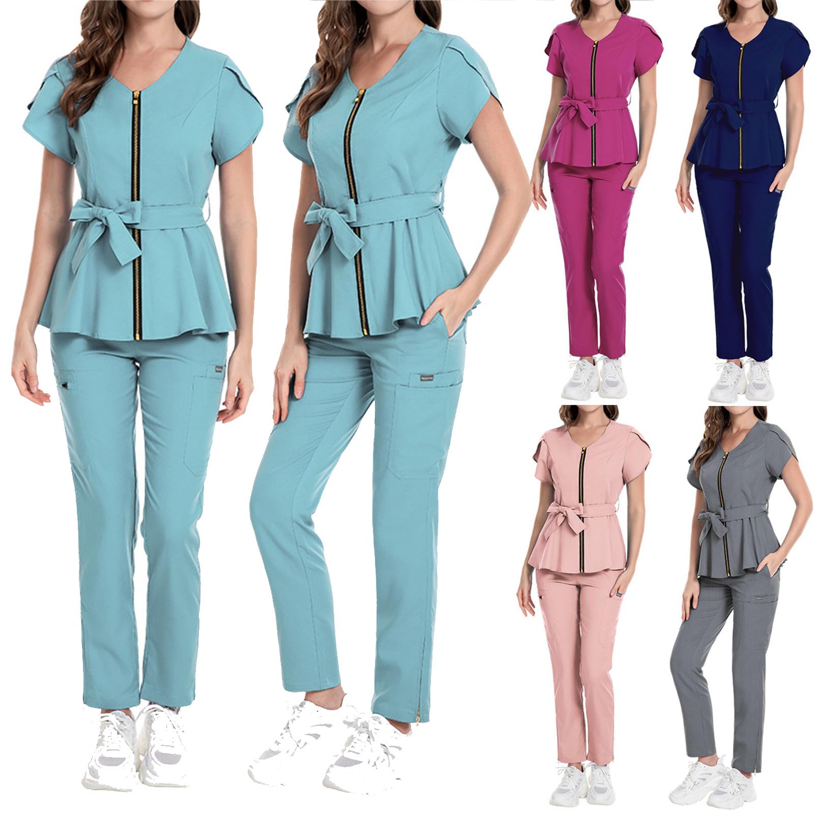 Uniforme mediche da donna, con scollo a V, top con cintura e pantaloni da jogging, vestibilità aderente, abbigliamento da lavoro per infermieri