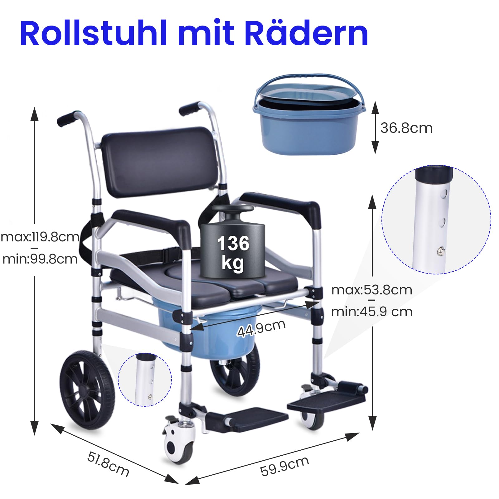 Toilettenstuhl für Senioren, Duschstuhl mit Rollen, 3-in-1 Toilettenstuhl & Duschstuhl für Senioren, inkl. Urineimer, höhenverstellbar, faltbar, mit Rollen und Armlehnen, belastbar bis 136 kg