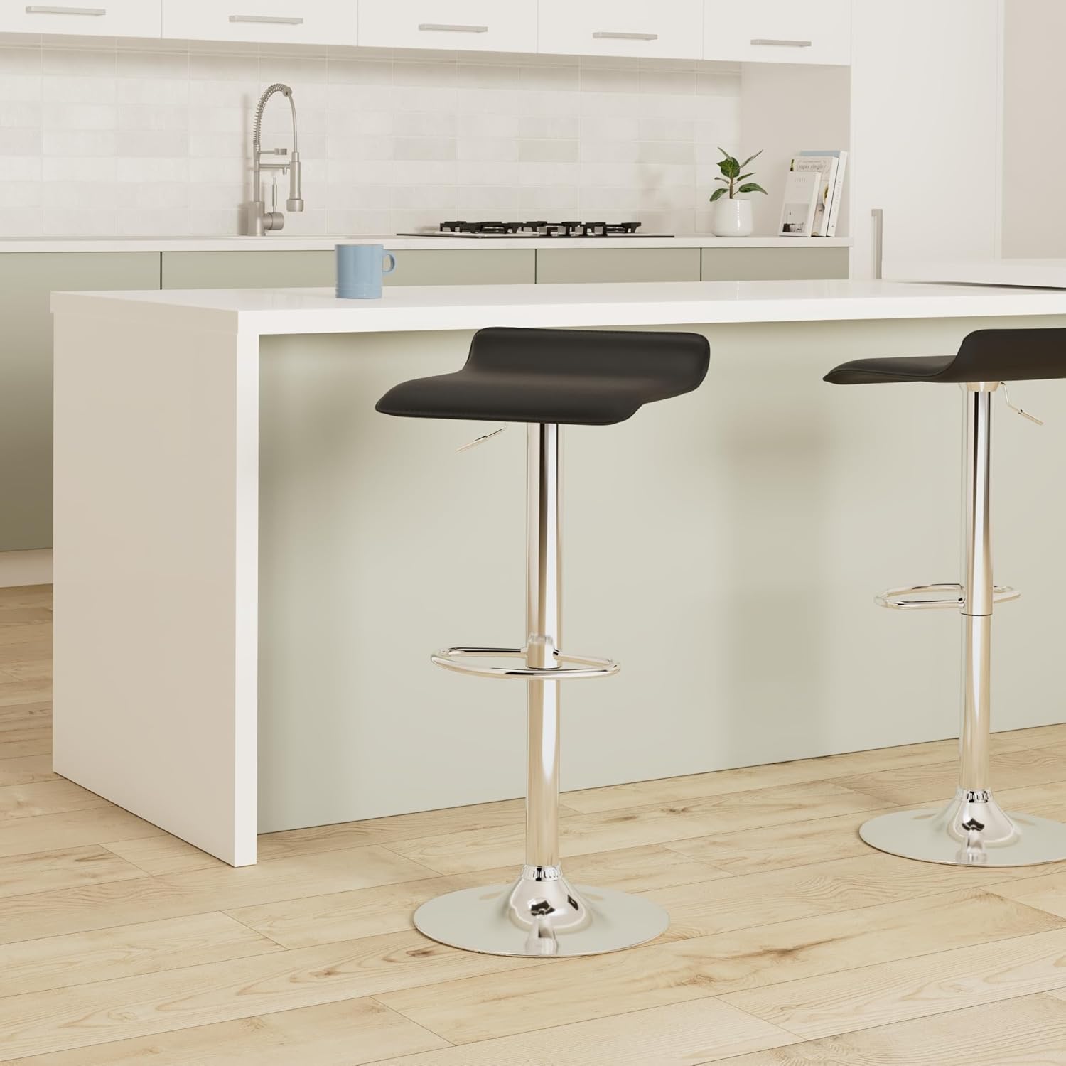 NAFORT Bar Stools Set of 2, Swivel Adjustable Contemporary Bar Chairs, Modern Backless Chrome Hydraulic Counter Bar Stools with PU Padded Seat for Kitchen/Bar/Dining Room/Reataurant, Black