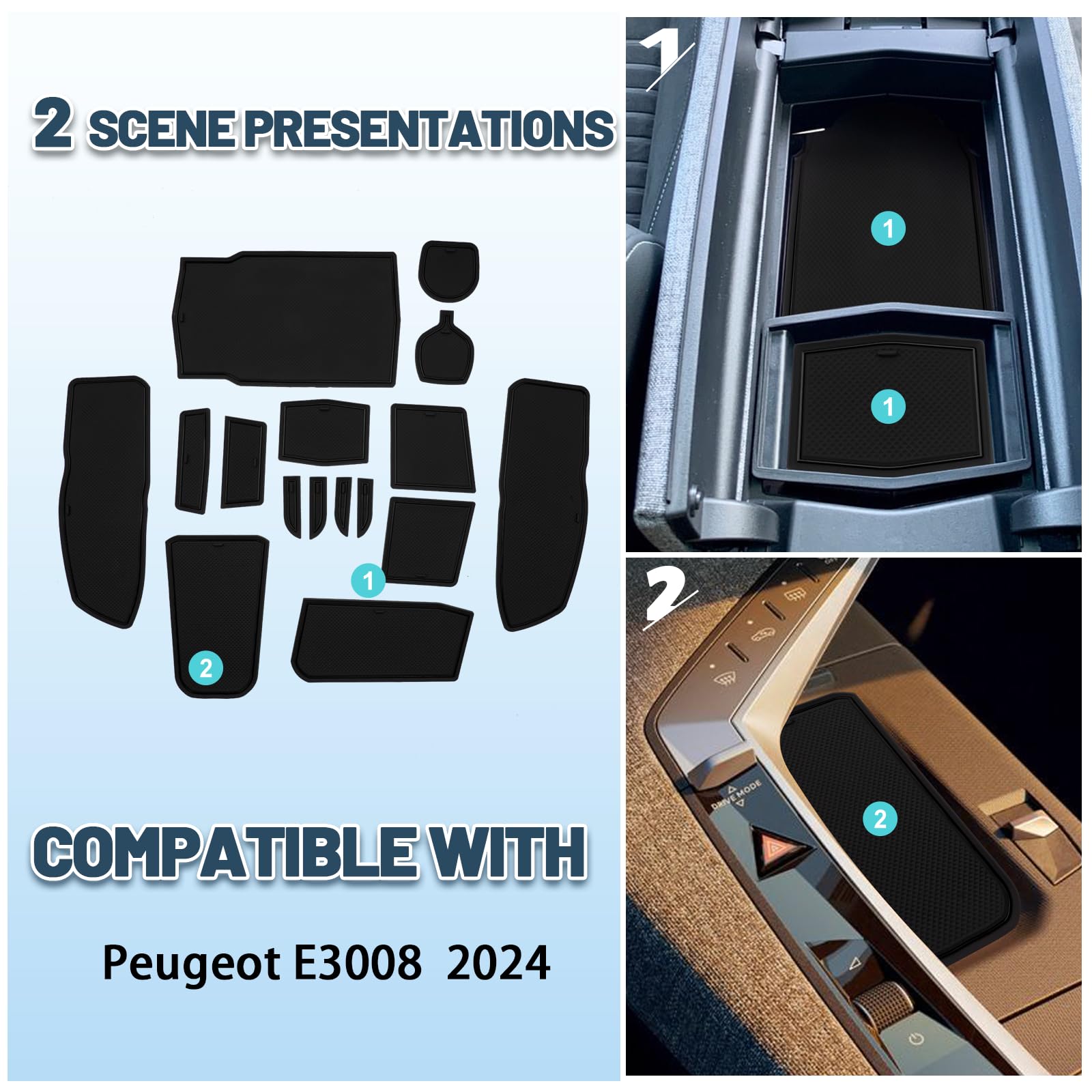 GAFAT Peugeot e-3008 GT Allure 2024 2025 Tapis Antidérapants, Peugeot e3008 2024 Tapis en Caoutchouc pour Console Centrale, Porte-Gobelet, Couture de Porte, Peugeot e-3008 Accessoires (Noir