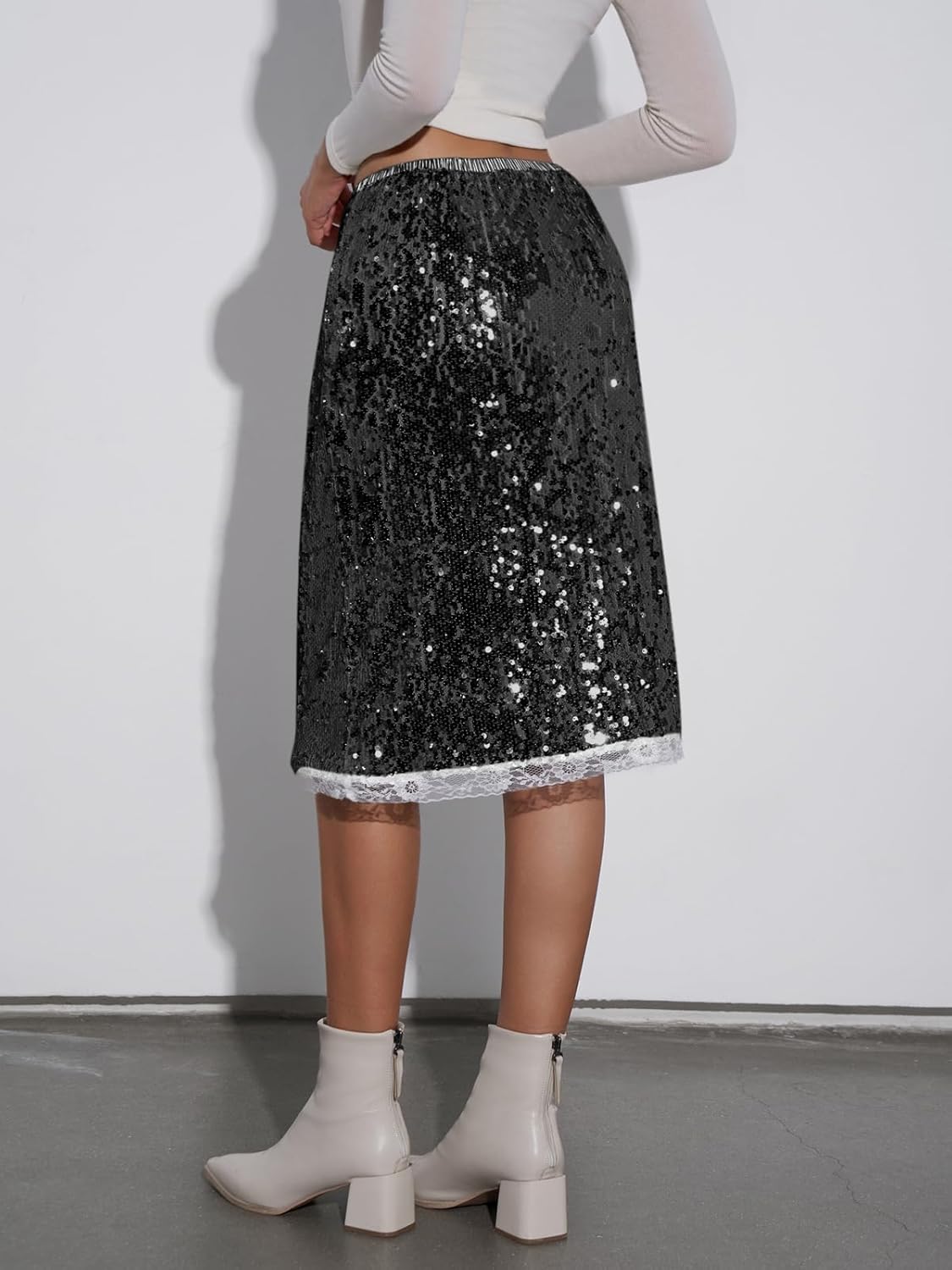 Yousify Womens Sequin Midi Skirts Y2K Elastic High Waisted Lace Trim Sparkly Stretchy Night Out Club Concerts Party Skirt - Image 4