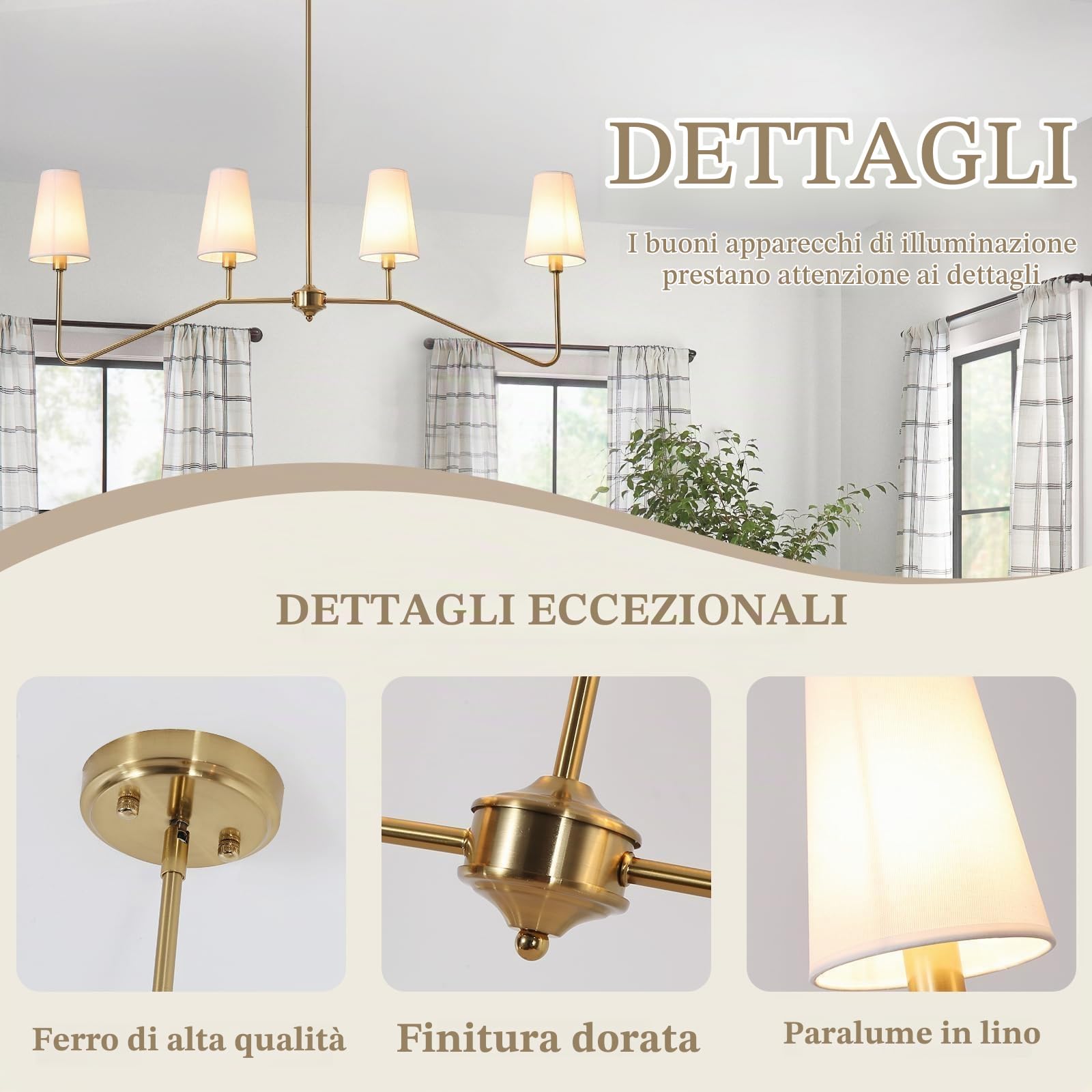 Lampadario Cucina,120Cm Oro Lampadari Camera Da Letto Classic Lineare A 4 Luci Lamp Soggiorno Con Paralume Bianco E14 A Sospensione Per Cameretta