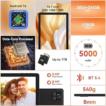URAO Tablet Android 16, Tela de 10,1 Polegadas, Processador Octa-Core, 30 GB RAM, 128 GB ROM, Tela HD IPS, Bateria de 8 Horas, Wi-Fi 6, Bluetooth 5.4, Câmera Dupla, 2026