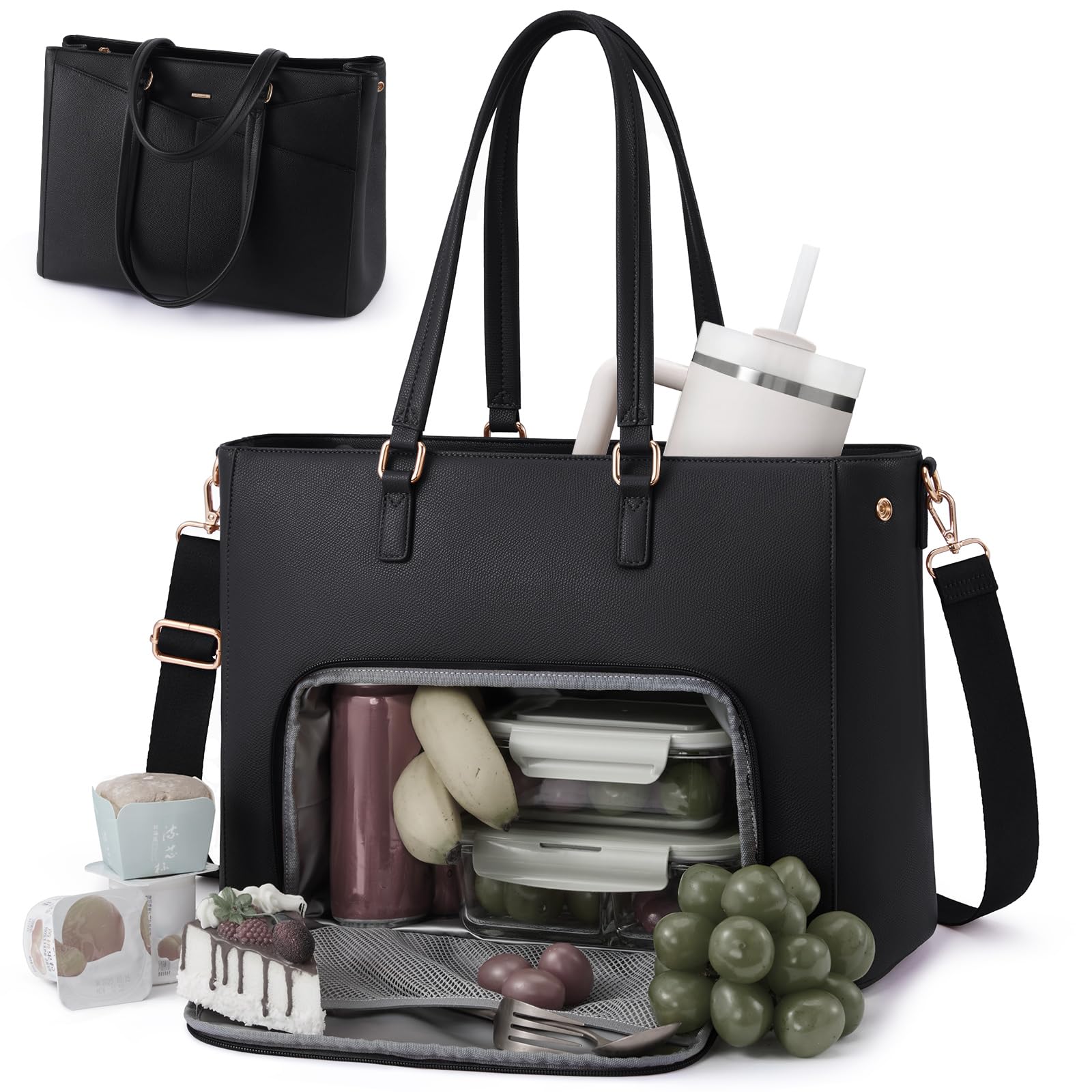 LOVEVOOK Laptoptasche Damen, Arbeitstasche mit Isoliertem Kühlfach Groß | 15,6 Zoll Laptop Handtasche Lunchtasche, Wasserdicht PU Leder Aktentasche, Lehrertasche Schultertasche für Business Büro Uni