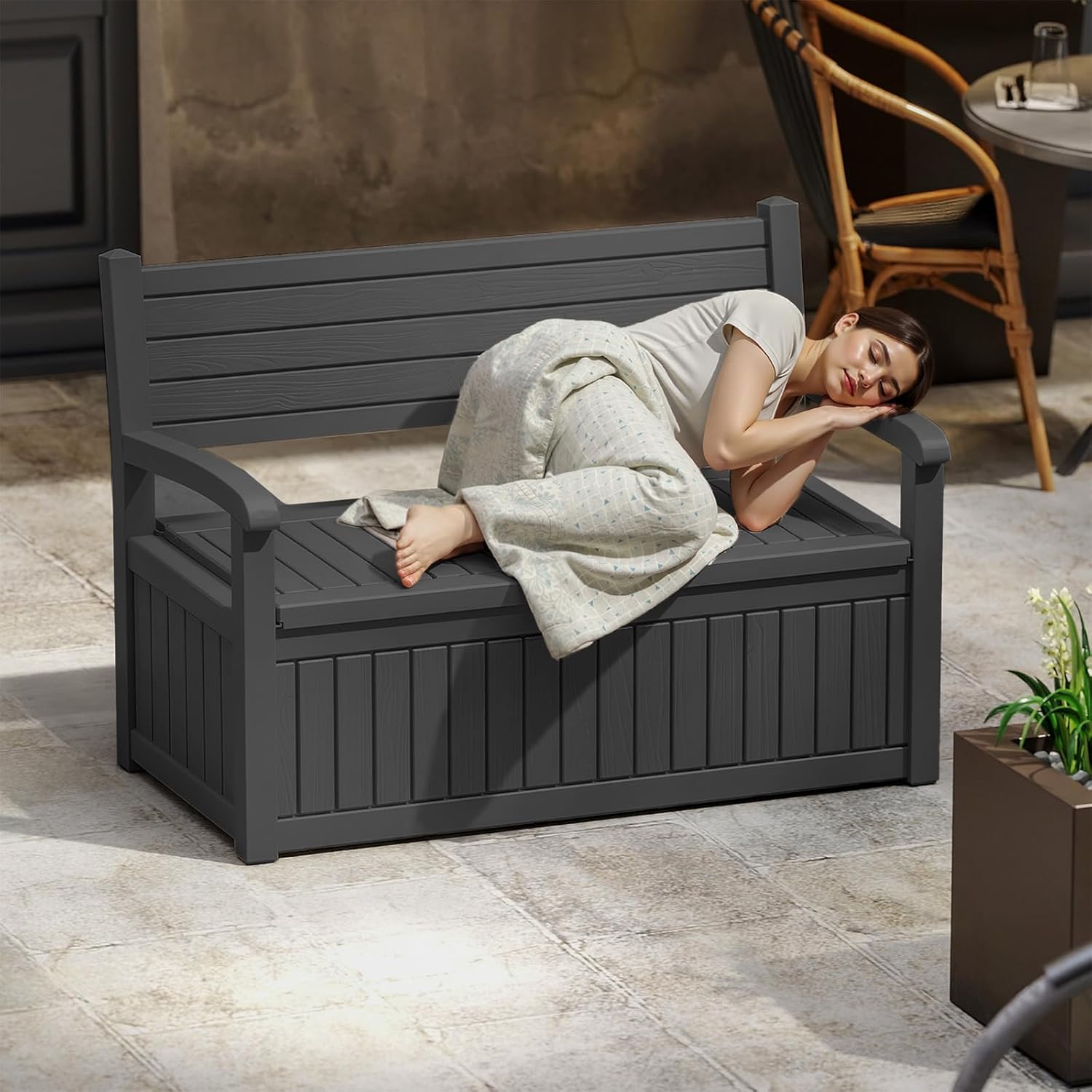 EasyUp 80 Gallon Wood Grain Style Outdoor Storage Bench, Waterproof and Lockable Deck Box Outdoor Storage Furniture for Patio,Garden,and Porch – Perfect for Storing Garden Tools and Cushions(Black)