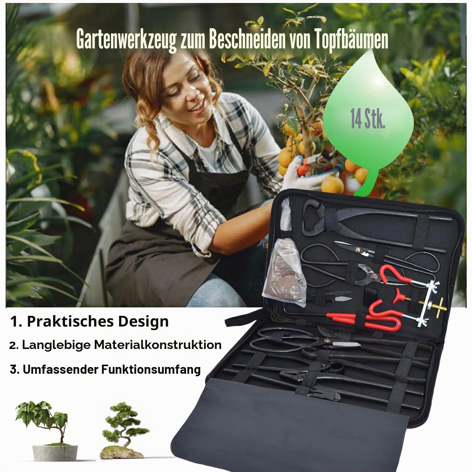 RoseFlower 14-teiliges Bonsai-Werkzeug-Set, Bonsai Werkzeug Kit Enthalten Knaufschneider, Konkavschneider, Drahtschneider, Jin-Zange, Kohlenstoffstahlschere, Modellierung Werkzeug, Gartengeschenk