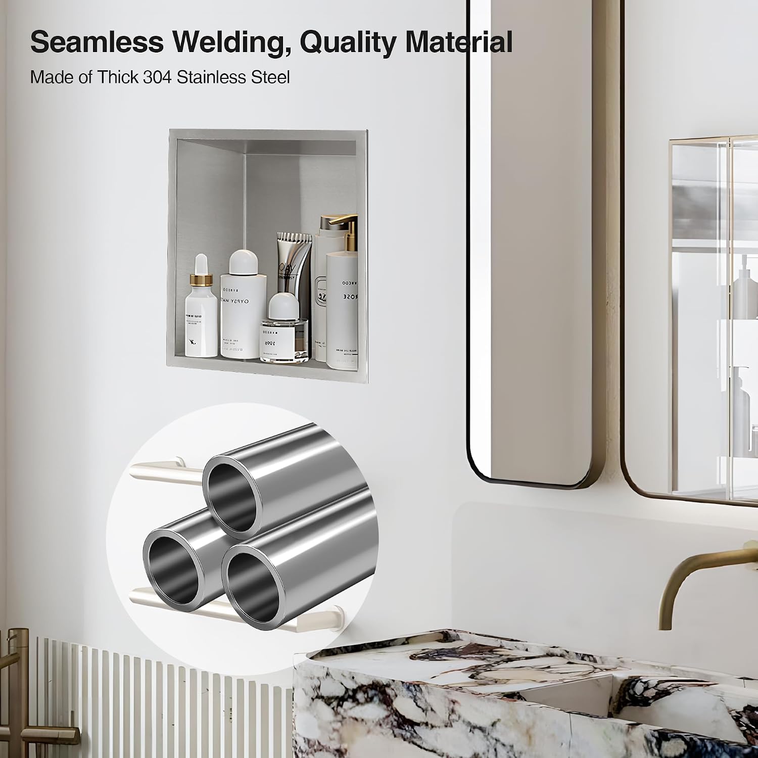 Brushed Nickel Recessed Shower Niche (12” x 12“), No-Tile, Stainless Steel, Built-in Wall for Bathroom, Bedroom, Living Room Storage