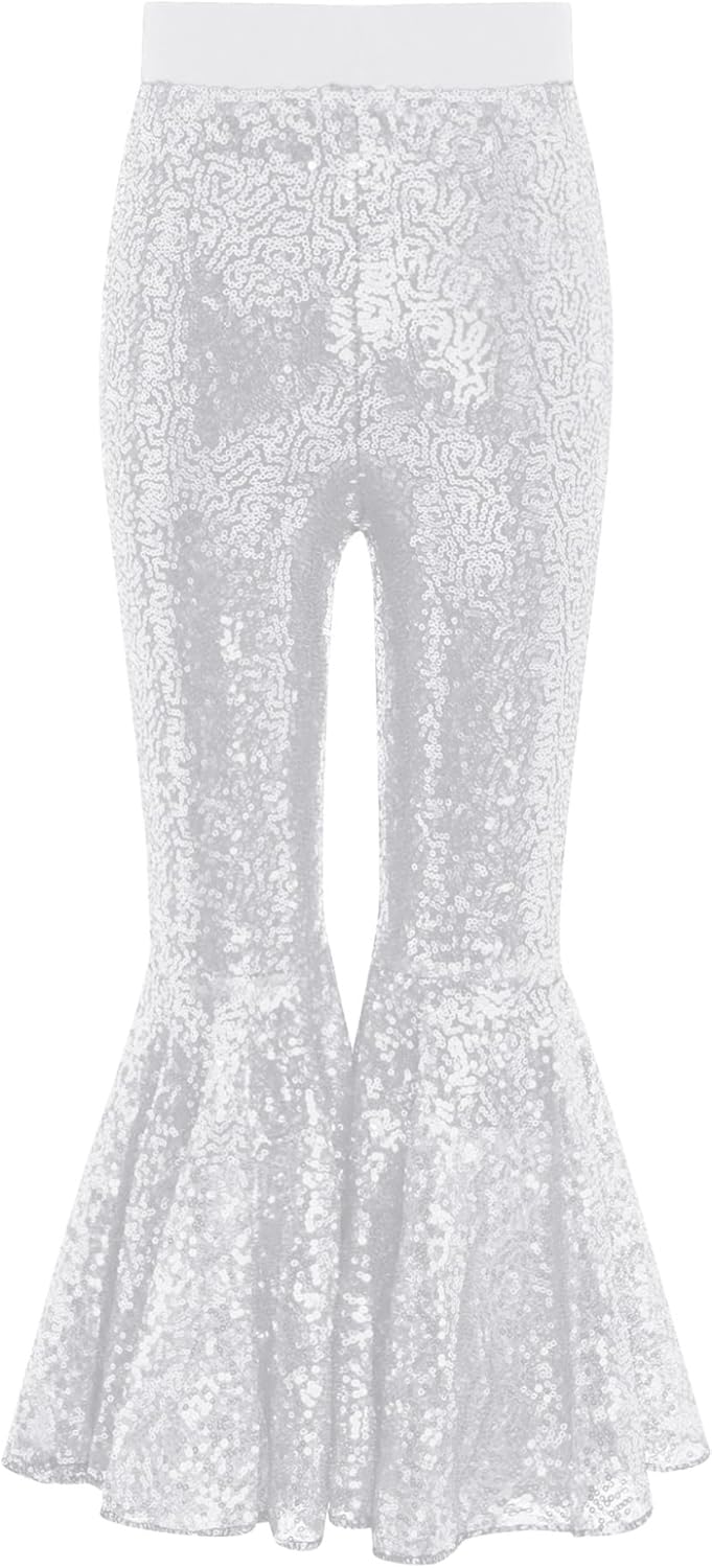 Kids Girls Jazz Dance Outfits Tulle Ruffle Camisole Top with Bell-Bottom Pants Sequins Ballroom Dancewear