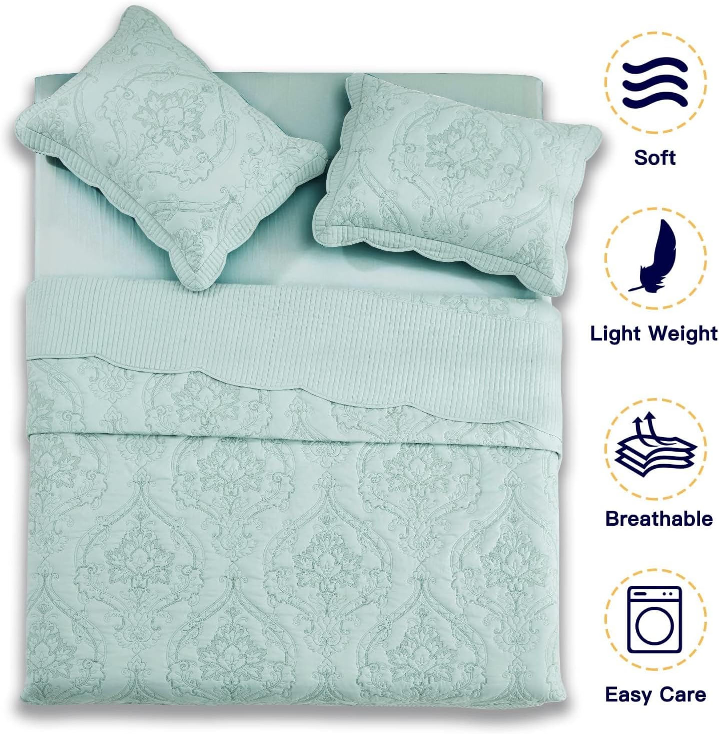 CHIXIN Oversized Bedspread Coverlet Set King Size - Lightweight Bedding Cover - Beautiful Stitching - 5 Piece Reversible Bedspread - Gorgeous Damask Paisley Pattern (King, Seaglass) - Image 3