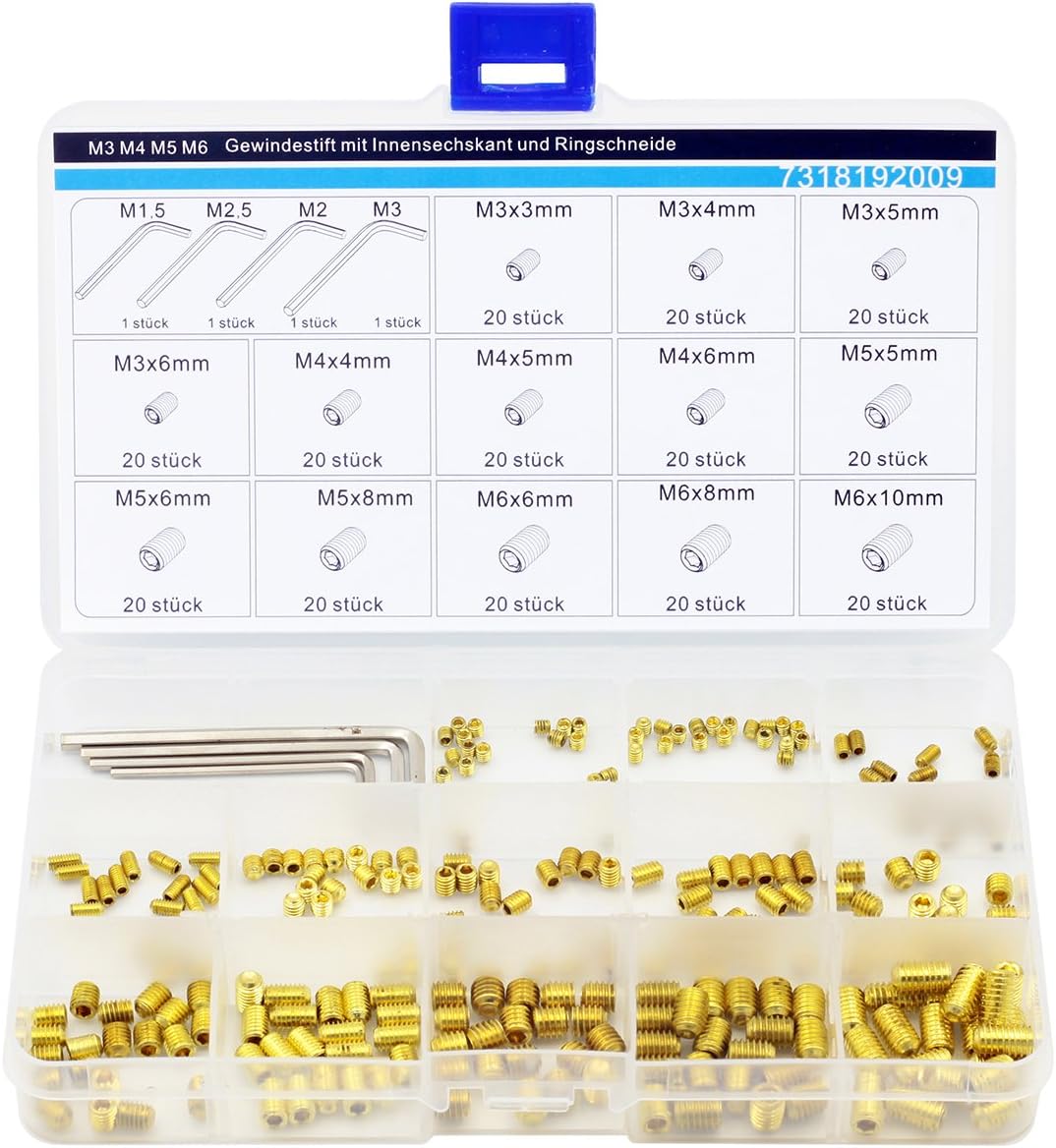 M3 M4 M5 M6 Hex Socket Set Screws with Cup Piont Assortment Kit,Grub Screws,Brass,260 Pieces