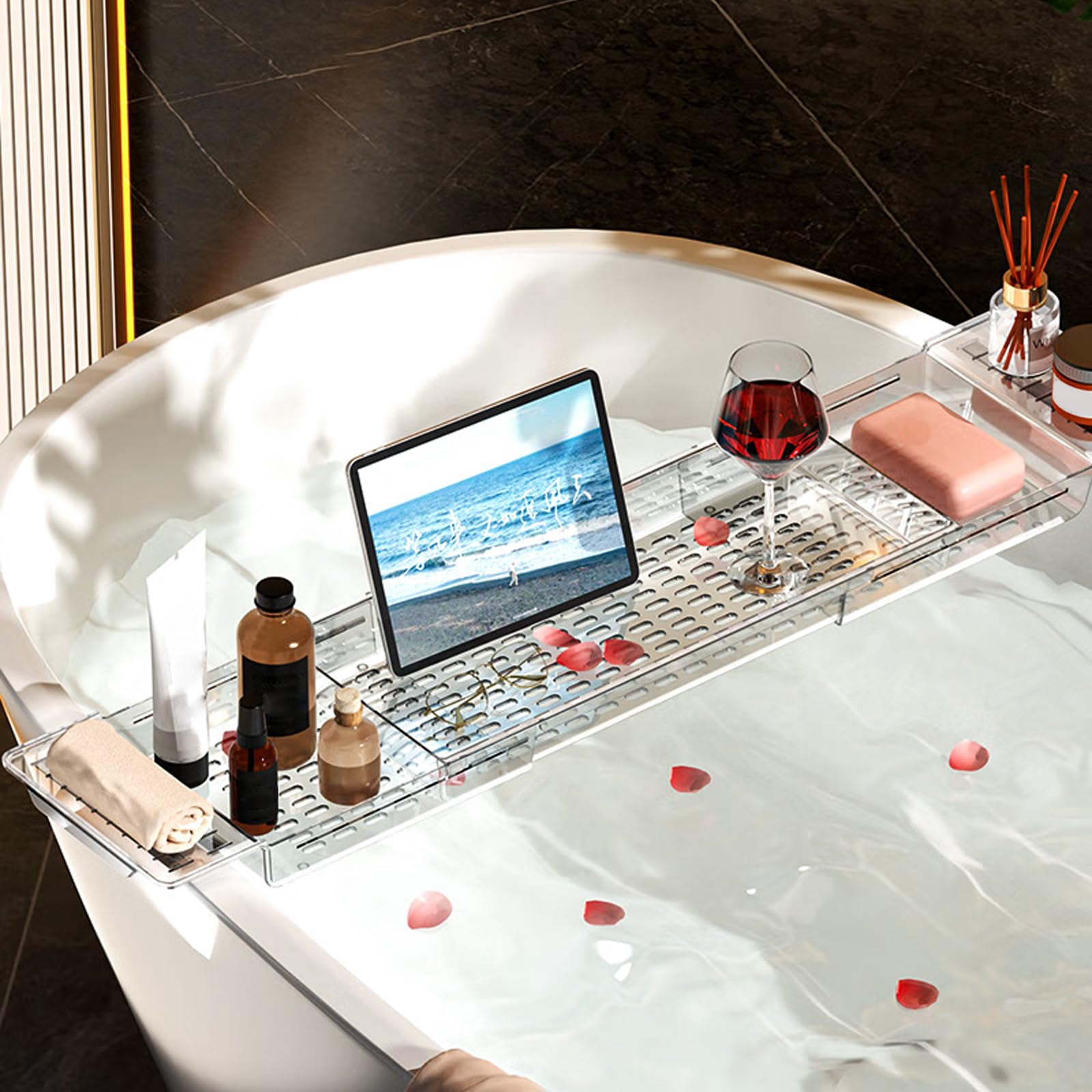Plateau De Baignoire Extensible - Support Pour IPad, Téléphone, Verre - Transparent Et Antidérapant