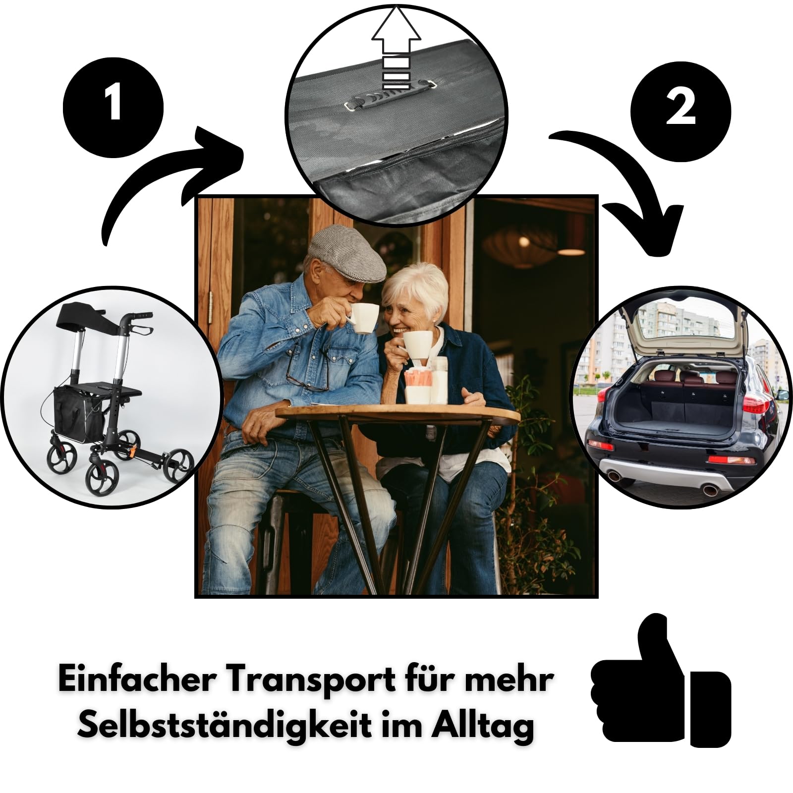 DIVID® Rollator aus Aluminium in 3 Farben 1002 B, Leichtgewicht ideal für Reisen, klappbar, Höhenverstellbar, Gehwagen,Gehhilfe, Praktische Tragetasche, Reflektoren (Schwarz)