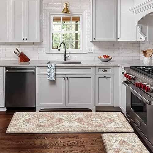 Miniatura 1 de KIMODE Juego de 2 tapetes de cocina antifatiga, estilo bohemio, vintage, antideslizantes, impermeables, ergonómicas, acolchadas, cómodas para