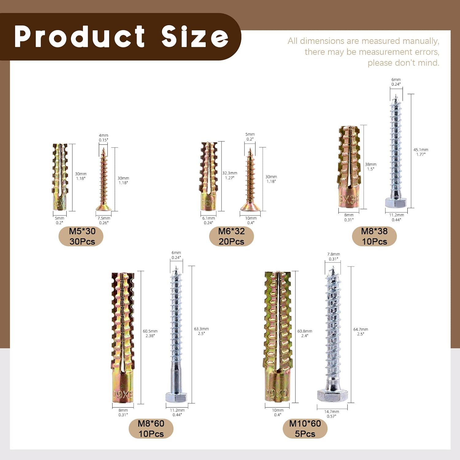 150Pcs Heavy Duty Steel Wall Anchor with Screws Kit, 5 Sizes Tree Shaped Steel Wall Anchor(M5 M6 M8 M10), Colored Zinc Phillips Screws and Hex Head Self Drilling Screws for Wall