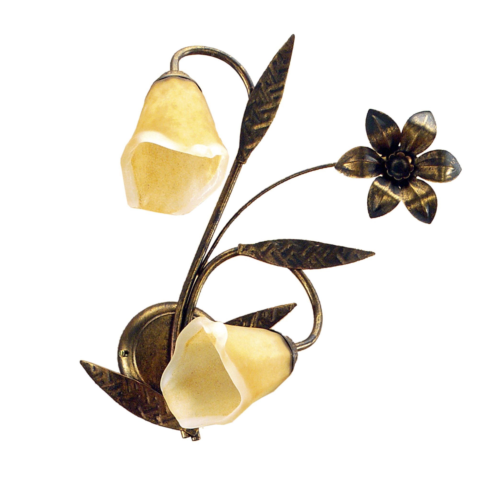 ONLI - Applique 2 x E14. Metallo marrone spennellato oro, paralume in vetro opaco con interno sabbiato ambra. Stile classico, tradizionale. Per corridoio, camera da letto, soggiorno.