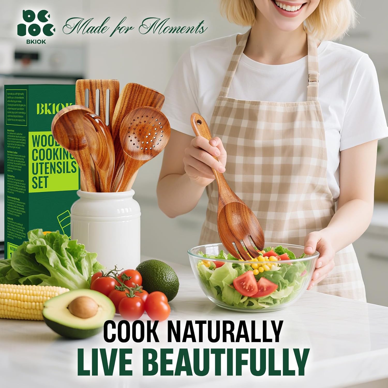 Bkiok Wooden Spoons for Cooking, Natural Teak Wood Kitchen Utensils Set for Nonstick Pans, Heat-Resistant Wooden Spatula Ladle Skimmer & Salad Fork(5-Piece Set) - Image 7