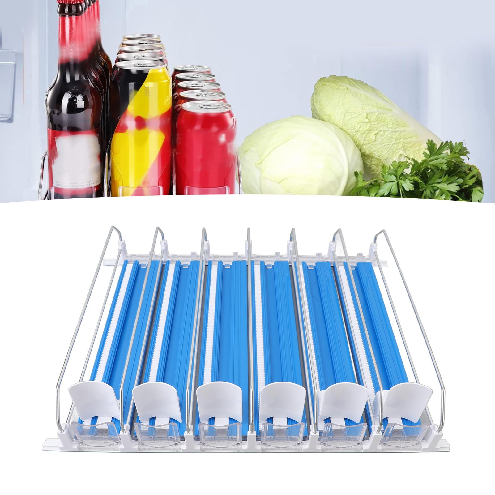 Organizador de bebidas para frigorífico, dispensador de refrescos ajustable de 6 filas ABS, fácil carga, dispensador de latas de refresco deslizante para bebidas (Azul)