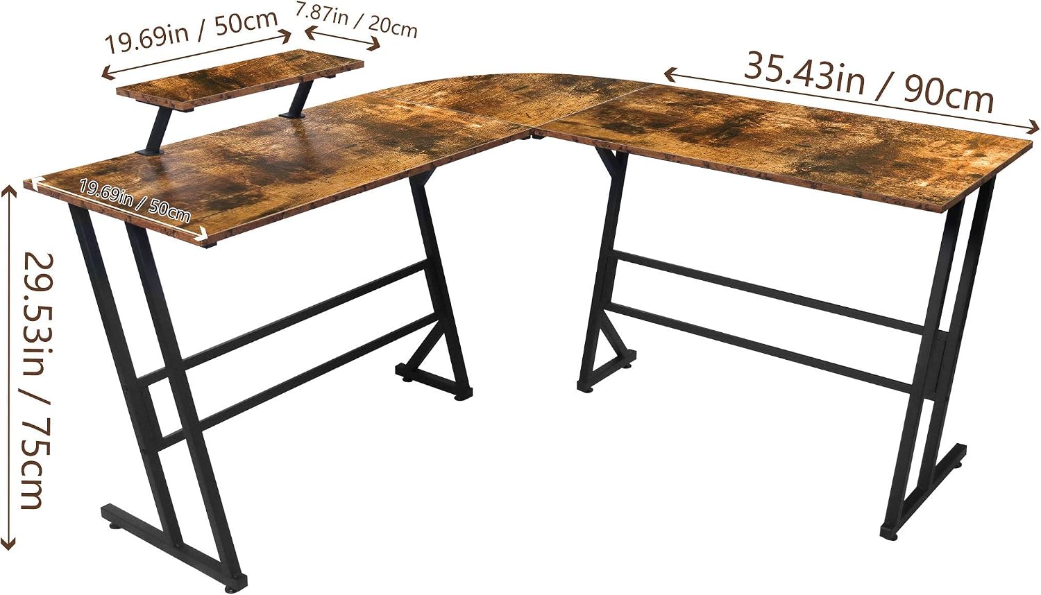 L-shaped desk with dimensions labeled: 55.12 inches wide, 55.12 inches deep, 29.53 inches high, with a 19.69 inch monitor stand.