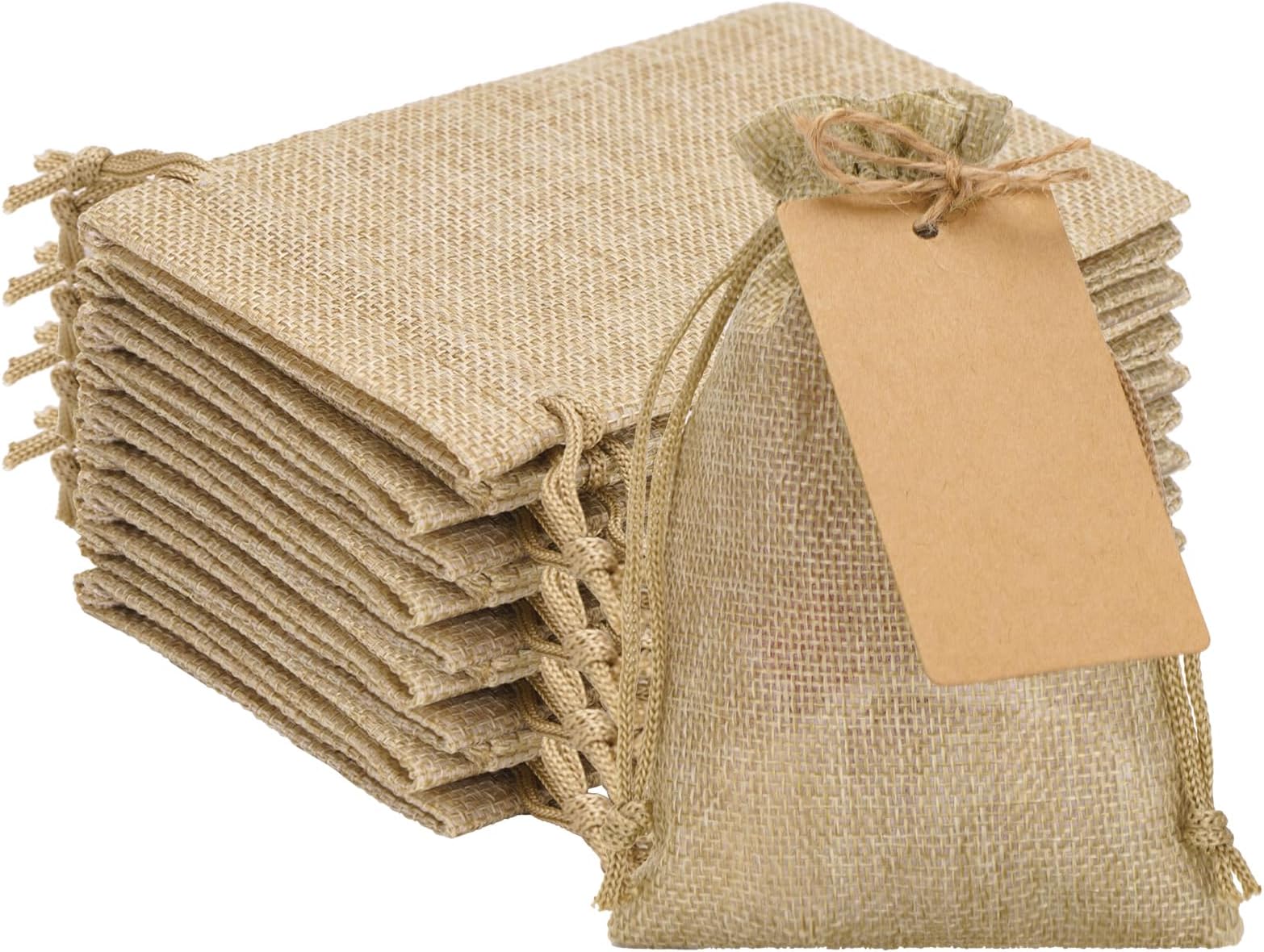 G2PLUS 24 Pcs Burlap Gift Bags with Drawstring 4x6 Inch, Rustic Gift Favor Bags with Kraft Tags & Jute String for Wedding Favors, DIY Crafts, Birthday & Coffee Packaging