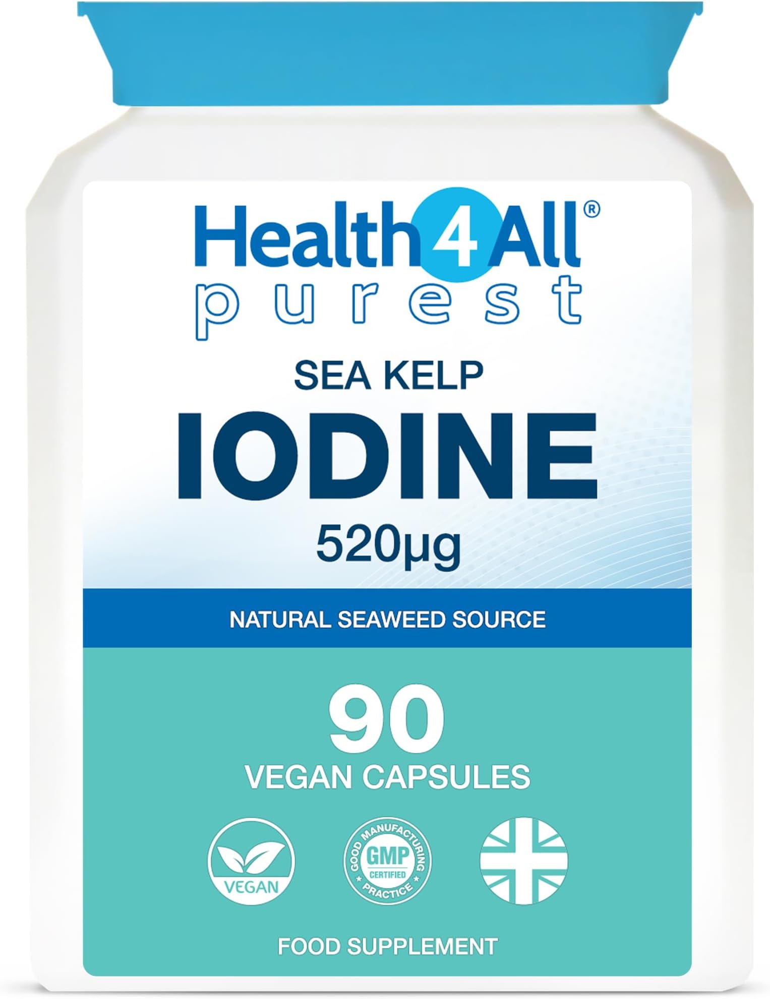 Health4All Sea Kelp Iodine 90 Capsules, High Strength 520mcg Iodine, Purest Natural Sea Kelp Supplement Capsules (not Tablets) | Made in UK