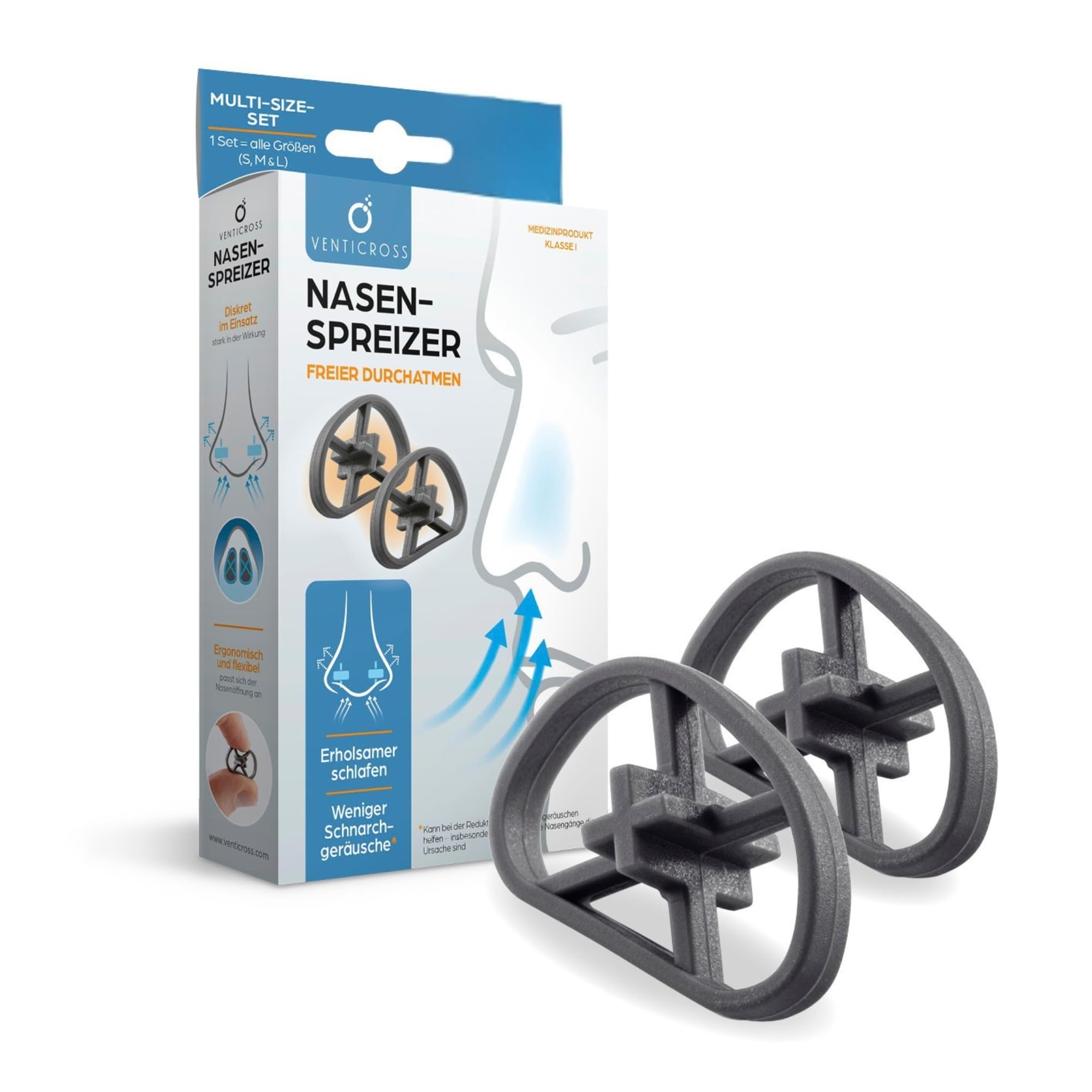 Venticross Nasenspreizer | Diskreter Nasendilatator aus medizinischem Silikon | Multi-Size-Set (S, M, L) zur Unterstützung der Nasenatmung, Tag & Nacht anwendbar