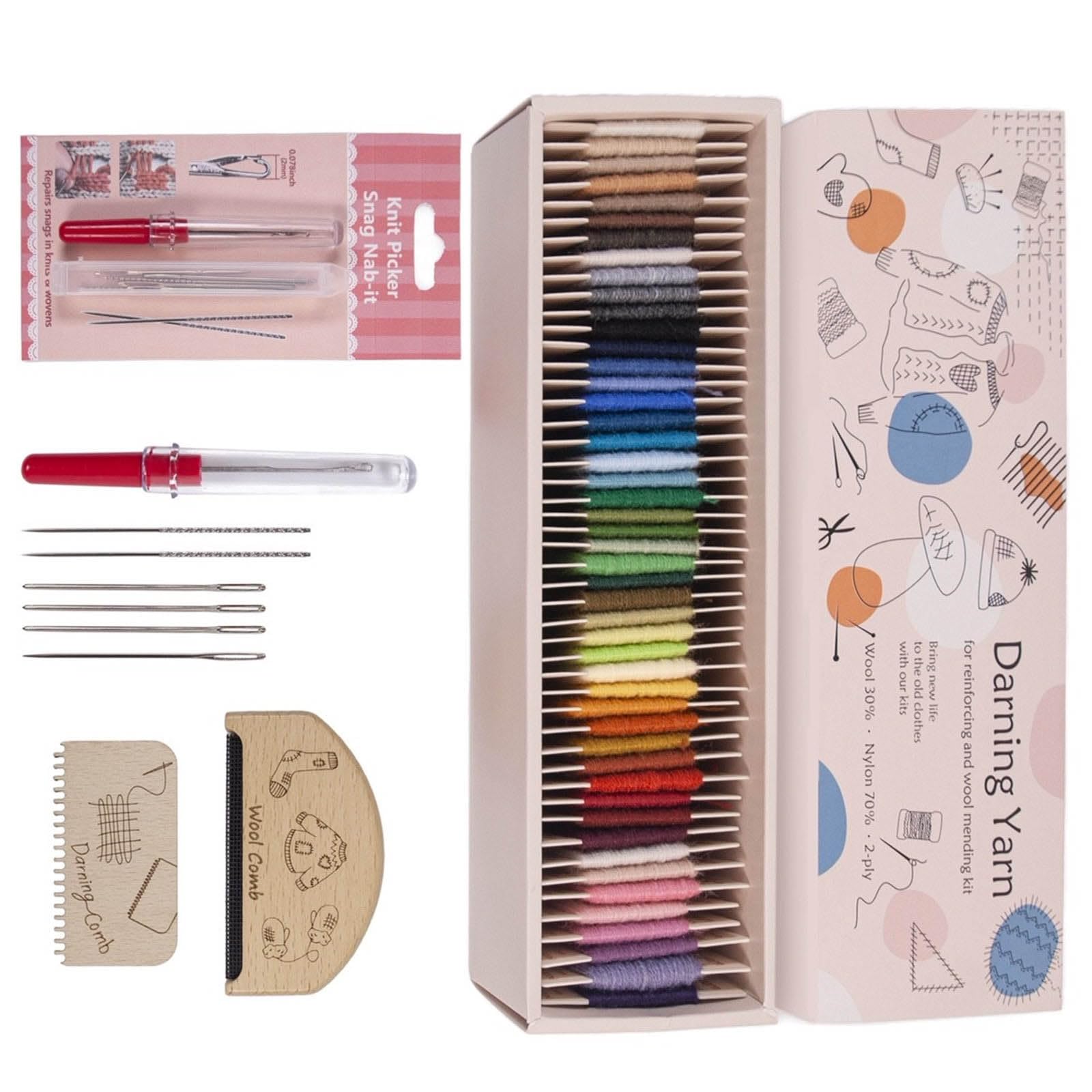 PANGBOER Juego de 48 hilos de lana de colores con aguja de coser, peine de lana, peine para zurcir, suéter, zurcir prendas y reparación de muñecas de, hilo de mezcla de poliamida