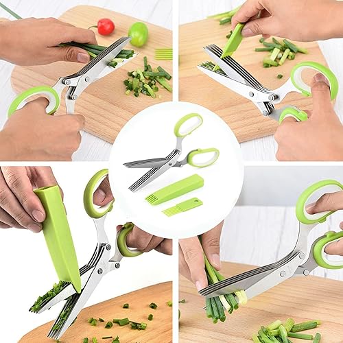 Miniatura 6 de Glorihoby - Tijeras de cocina de 5 cuchillas, herramienta de corte de verduras de acero inoxidable multicapa con tapa y peine de limpieza para