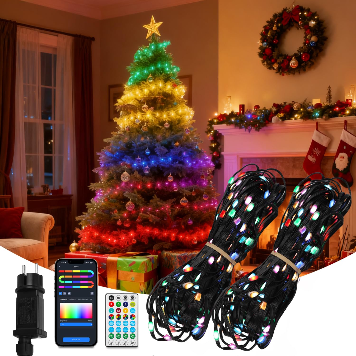 Aigostar RGBIC Smart Lichterkette, 20M 200 LEDs Bluetooth Lichterkette, Musik-Sync, Individuelle Farbsteuerung, 39 Dynamische Effekte, 150+ Szenen, Wasserdicht IP44 für Innen- und Außenbereich 2Pack