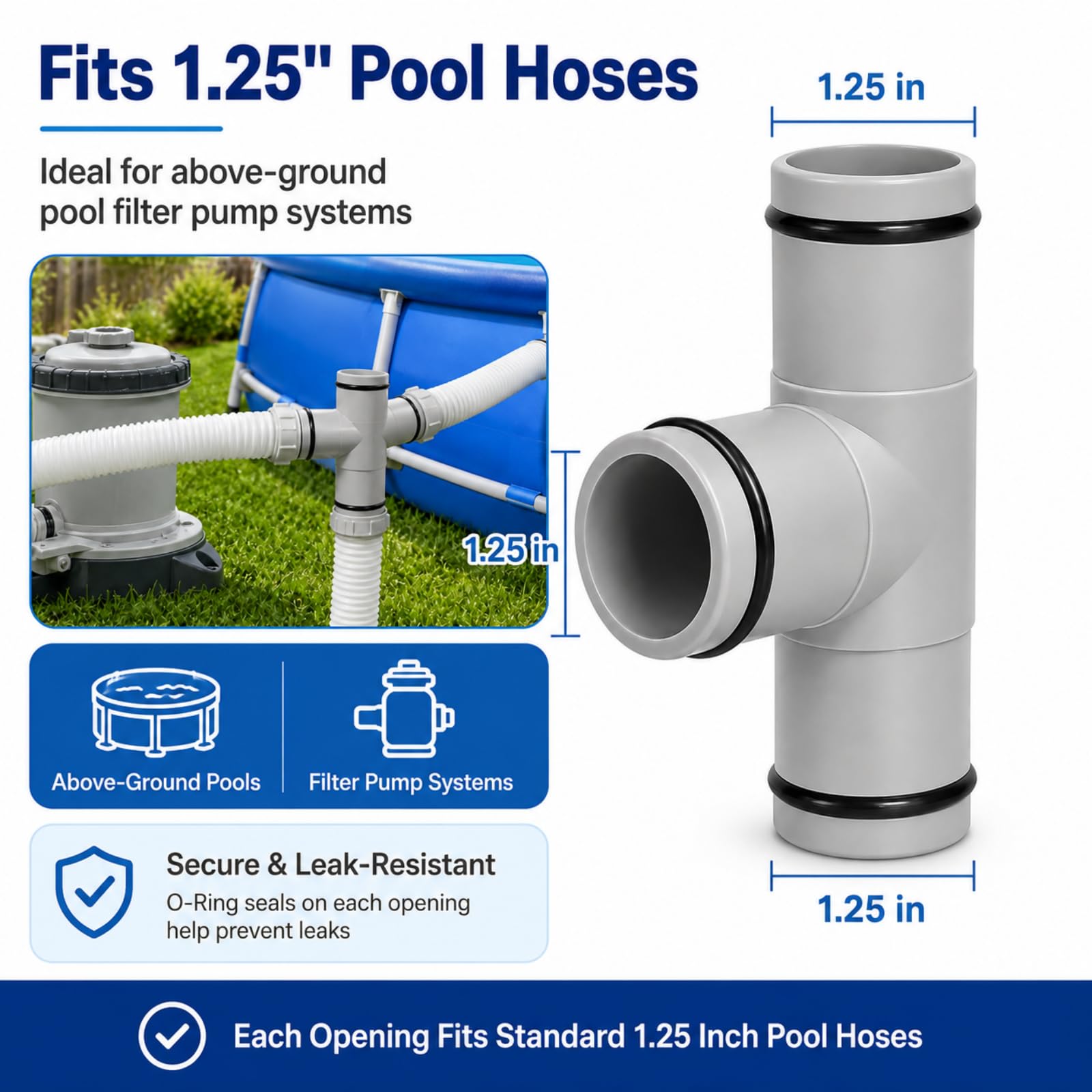 Adaptador de manguera de repuesto para bomba de piscina de 3,25 cm de diámetro, junta en T, gris (3 interfaces)