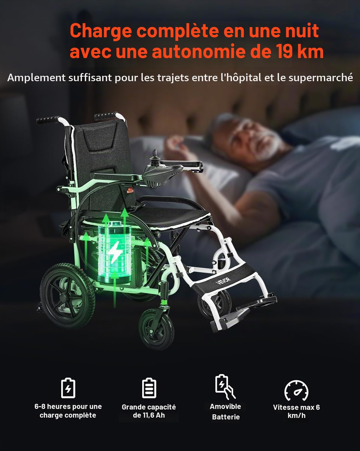 VEVOR Fauteuil Roulant Électrique, Capacité de Charge 100 kg, Autonomie 19,3 km, Siège Spacieux Confortable 450 mm, Fauteuil Roulant Motorisé Pliable Léger Portable pour Personnes Âgées, Handicapées