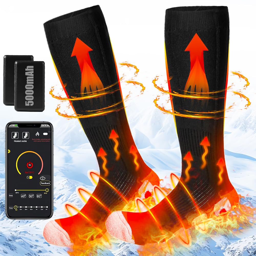 Clemas Heated Socks for Men and Women, Rechargeable Electric Socks with 3.7V/5000mAh Battery, APP Control and 3 Settings for Skiing, Winter Camping and Hiking