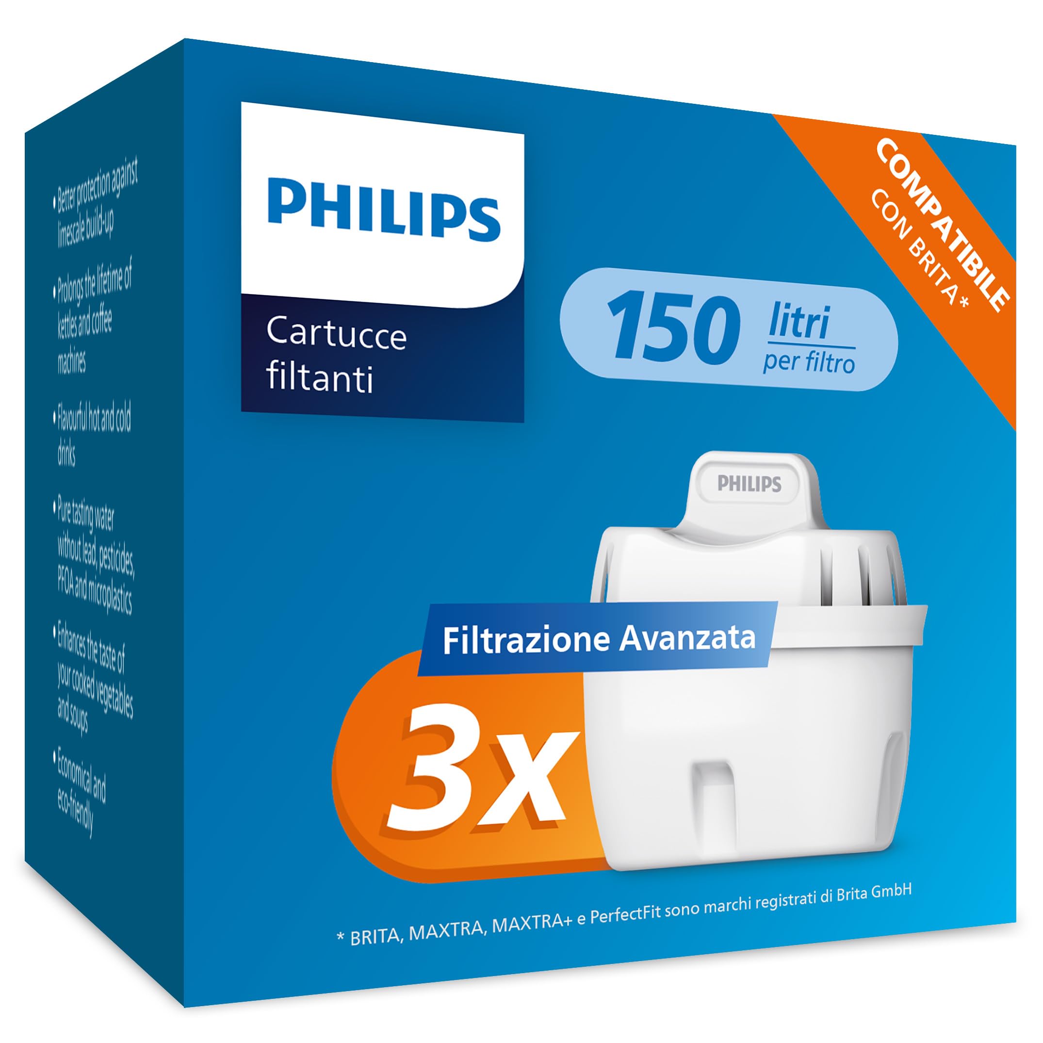 Philips Water Cartucce filtranti sostitutive Filtrazione Avanzata, 3 unità, compatibili con Brita, riducono MICROPLASTICA, CLORO, CALCARE, METALLI PESANTI