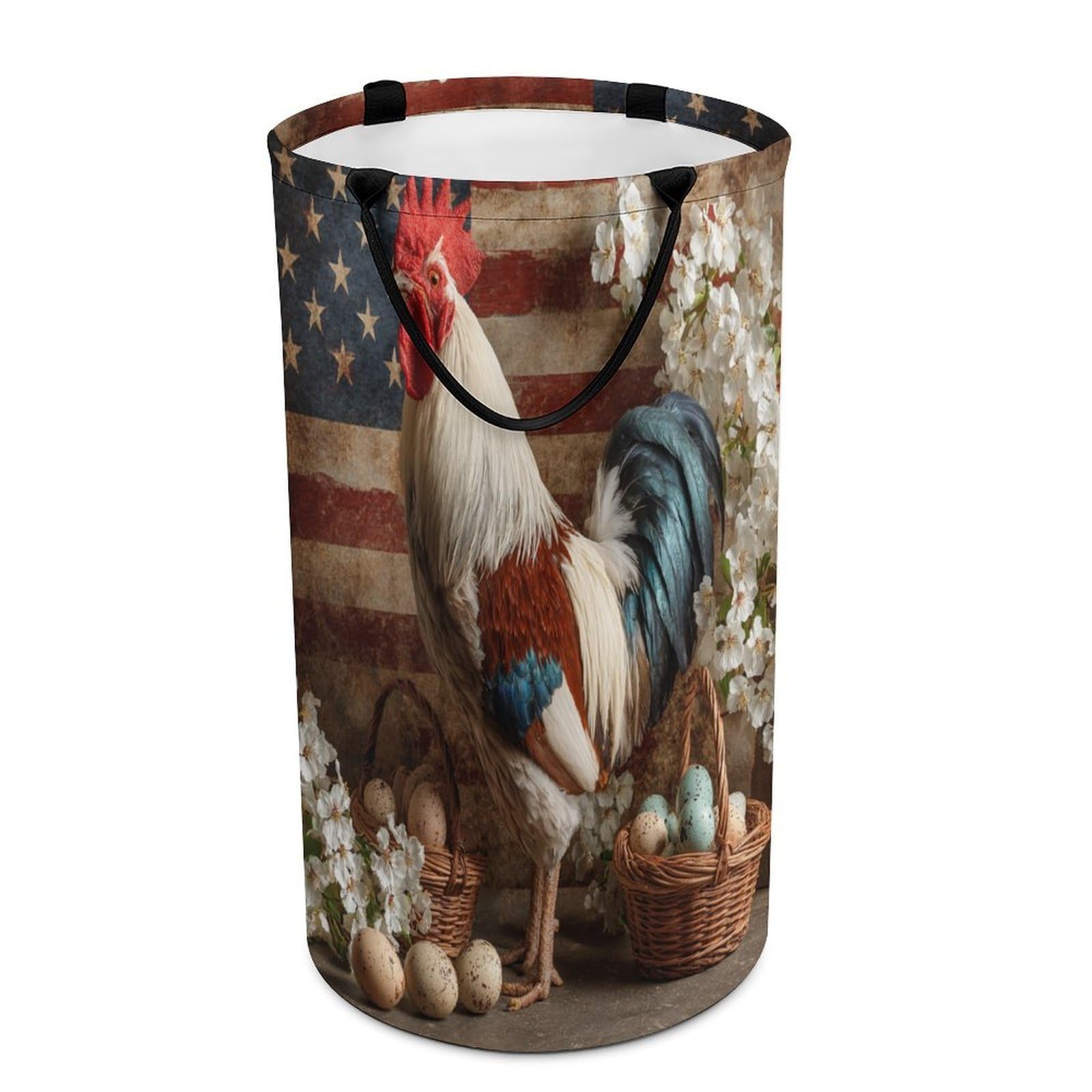 LUYYSKY Rustic Classic Animal Chicken Versatile Storage Laundry Basket, Retro Patriotic American Flag Daisies Flowers Animal Rooster Large Capacity Bathroom Hamper With Handle