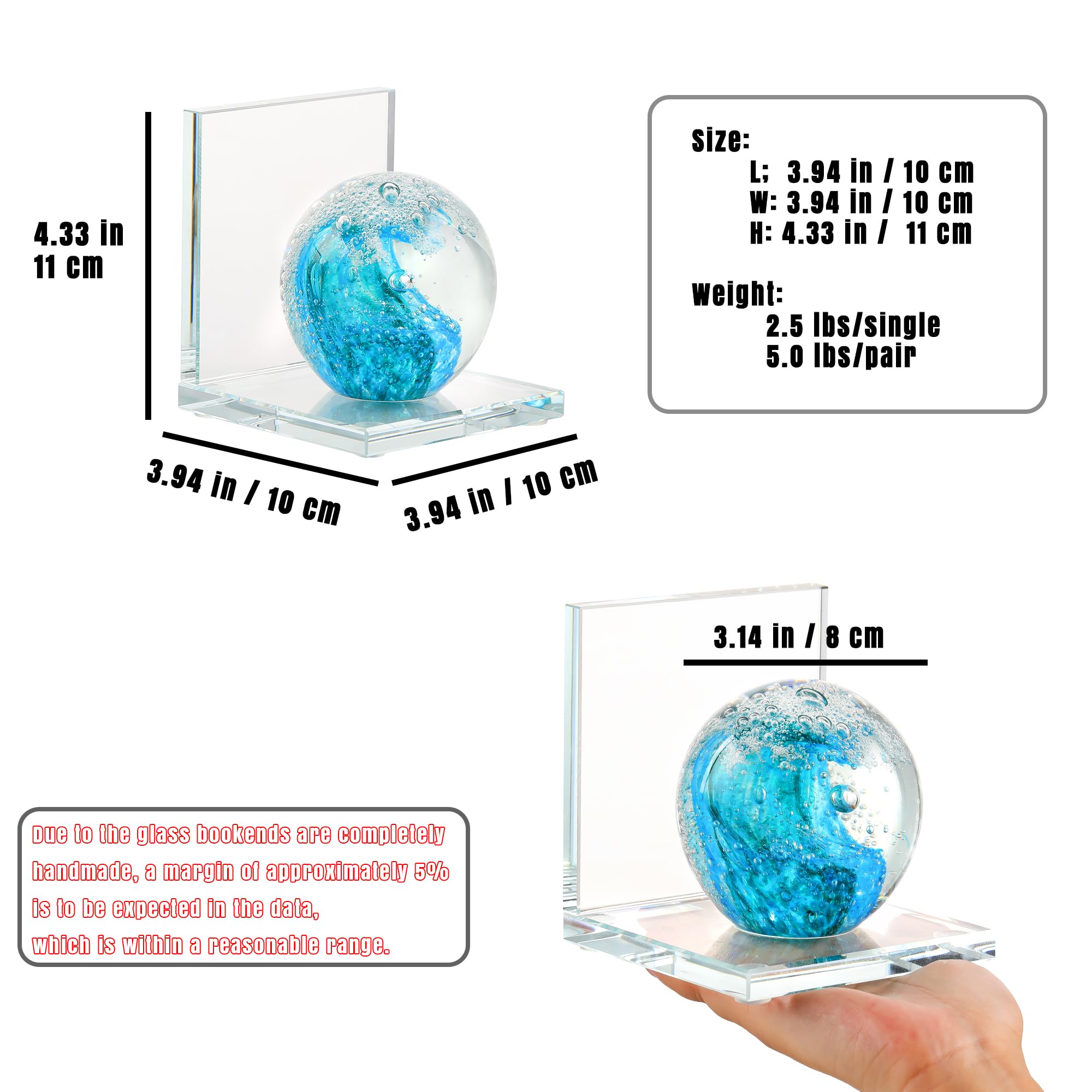 Buchstützen aus Glas mit türkiser, mundgeblasener Meereswelle, 2 Stück | Buchstützen für Regale, dekorativ, cool, Kristall, nautisch, Ozean, schwer, Küstenbuchstützen, moderne Buchstützen
