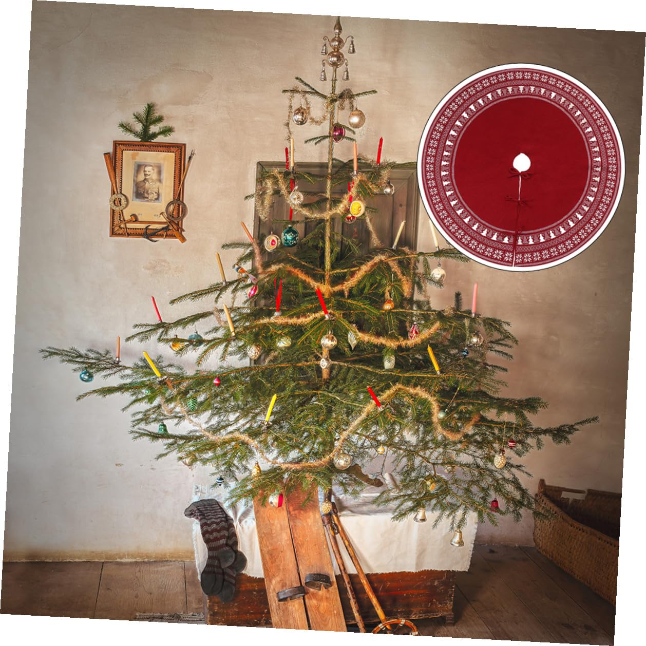 TOYANDONA Weihnachtsbaumschürze mit Schneeflocken und Baum-Elementen Gestrickt Weicher Teppich Dekoration für Feiertage Schal oder Baumrock