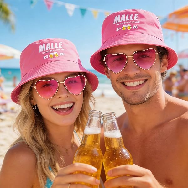 2 Stück Mallorca Accessoires Set, Fischerhut Damen und Herz Sonnenbrille Pink, Malle Hut, Festival Outfit Damen, Mallorca Party Outfit, Fischerhut Lustig - 5