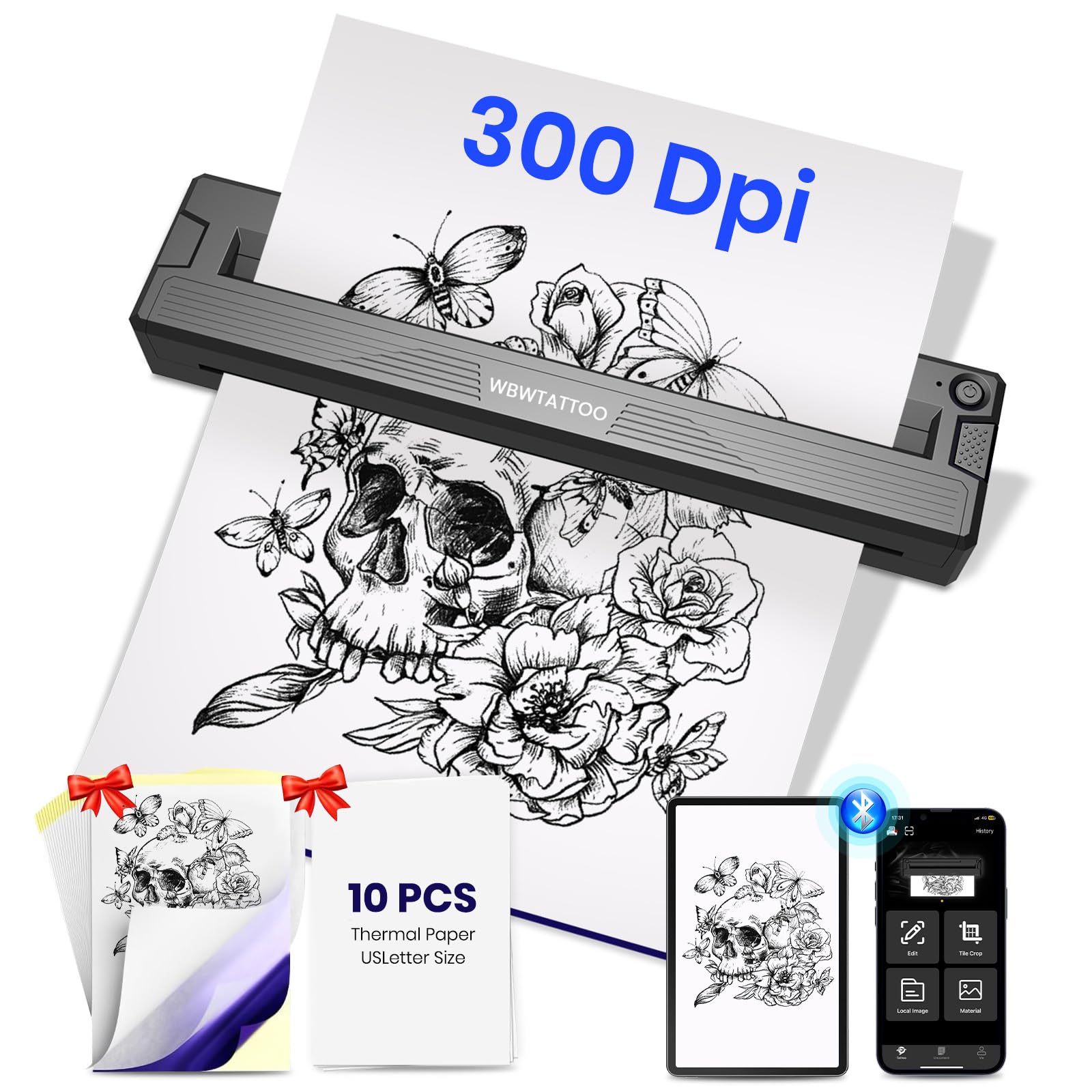 WBWTATTOO Wireless Bluetooth Tattoo Stencil Printer with Transfer Paper