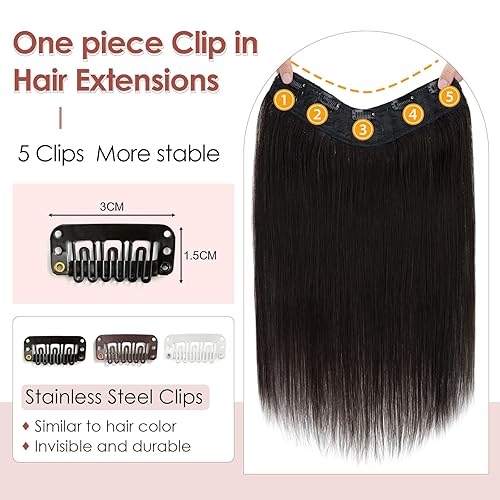 Miniatura 4 de Benehair Extensiones de cabello humano real de una pieza con clip, 34, cabeza completa, en forma de V, trama más gruesa, malla de encaje,