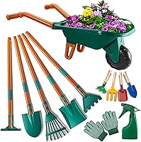 Kids Gardening Set-12 PCS Kids Gardening Tools Wheelbarrow Set with Shovel, Leaf Rake, Gloves, Spray Bottle-Toddler Gardening Set Play Outdoor Educational STEM Learning for Boys Girls Age 3 4 5 6 7 8+
