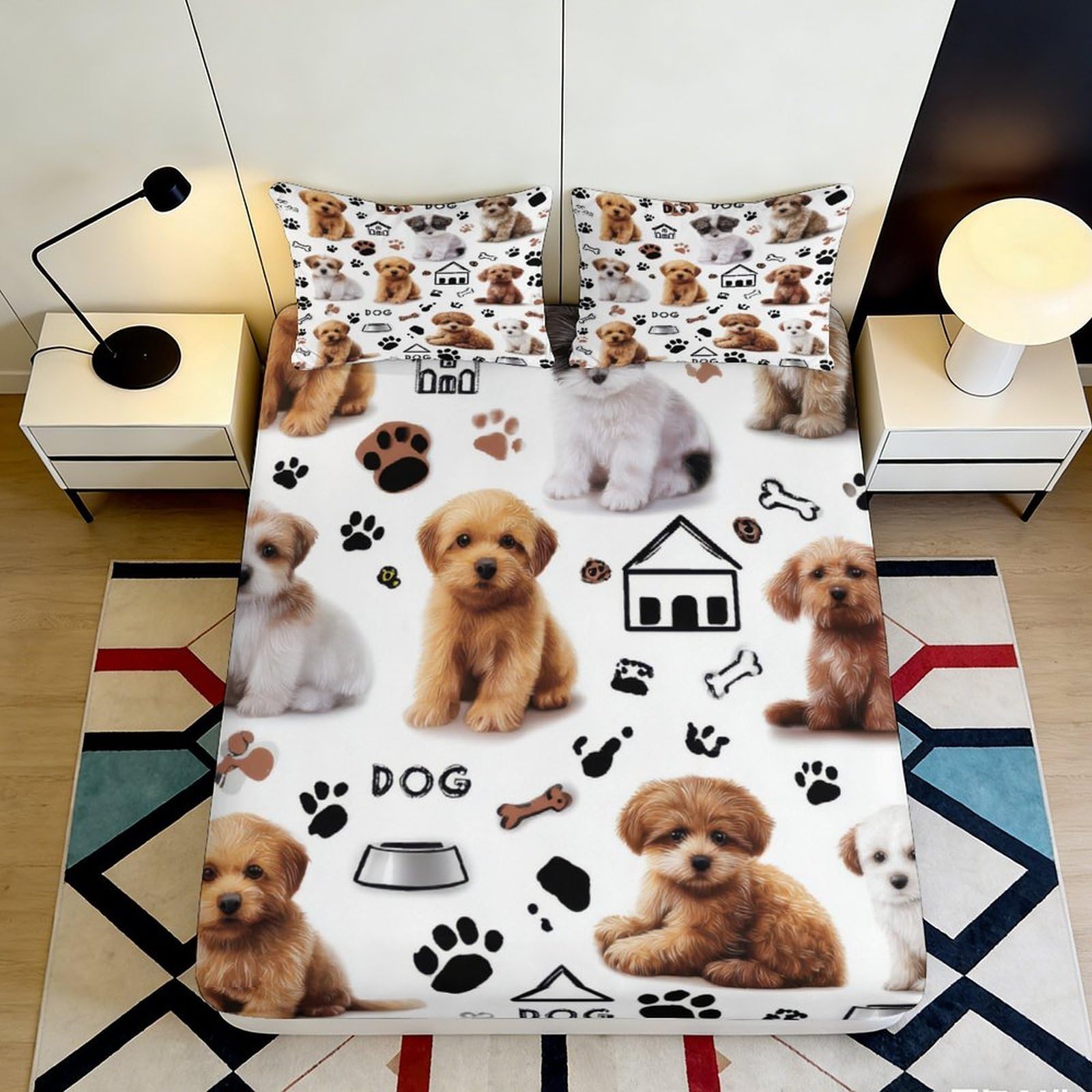 3D Printed Cute Puppy Fitted Sheet Microfiber Non-slip Dog Paw Mattress Cover for Bedroom Guest Room Decor 120x200cm 160x200x25cm