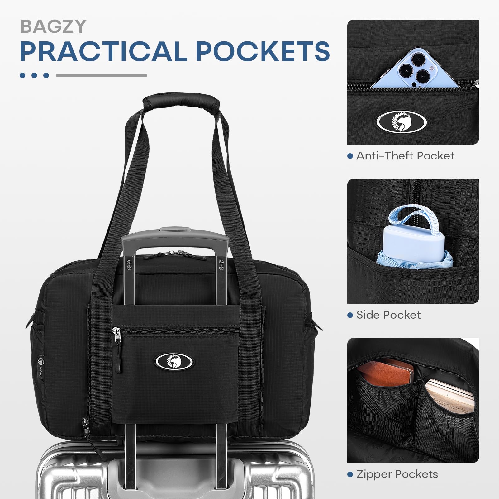 BAGZY Torba Podróżna Zwijana 20L Ryanair Bagaż podręczny 40x20x25 Torba Sportowa Wasserdicht Podróż Bagaż Torby do Samolotu Kabina Weekender Torby Podróżne Szpital Torbas z 1szt Kosmetyczka