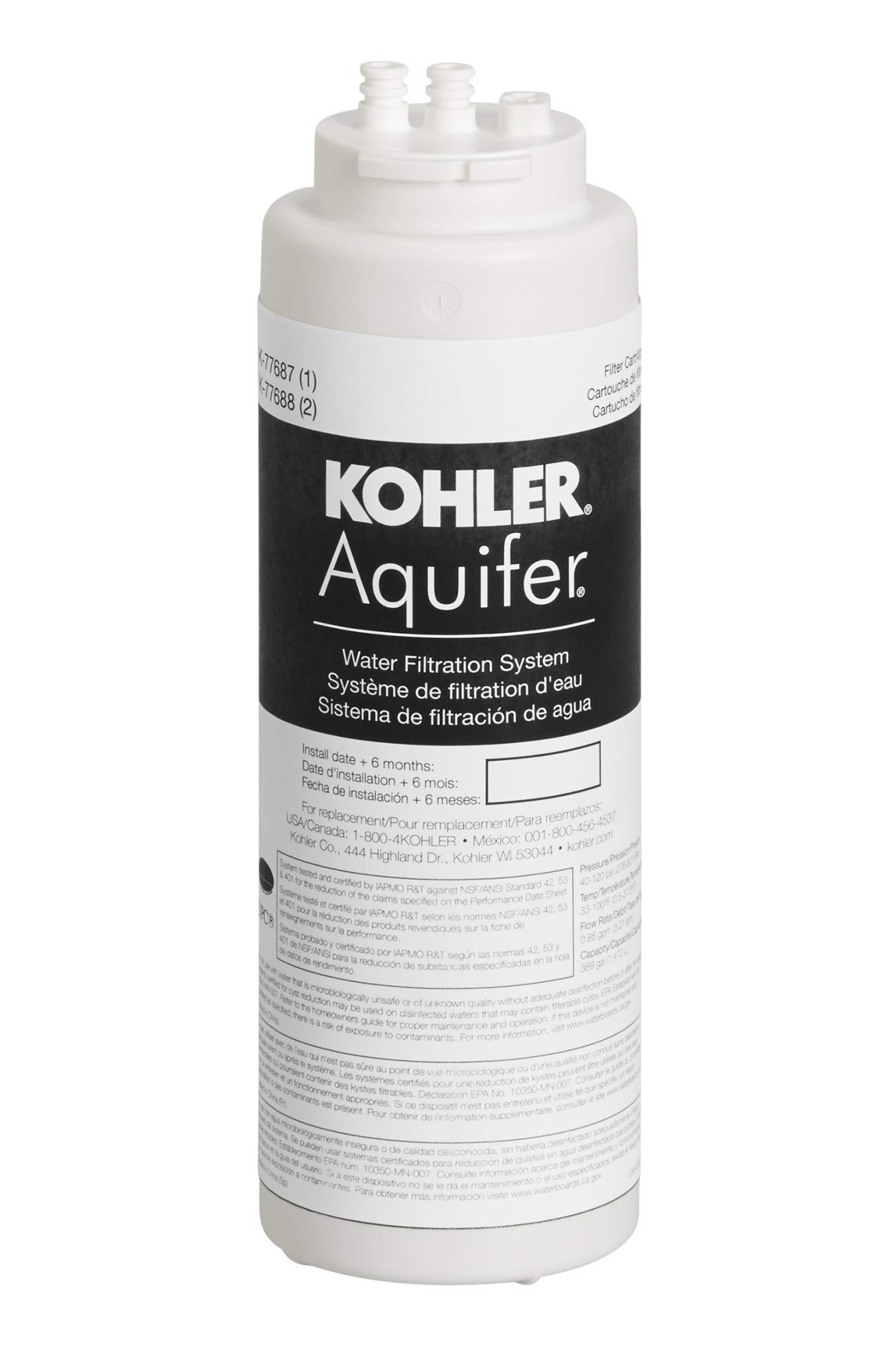 KOHLER77687-NA Water Filter, Aquifer Single Replacement Filter Cartridge (1 Pack), 1 Count (Pack of 1), White
