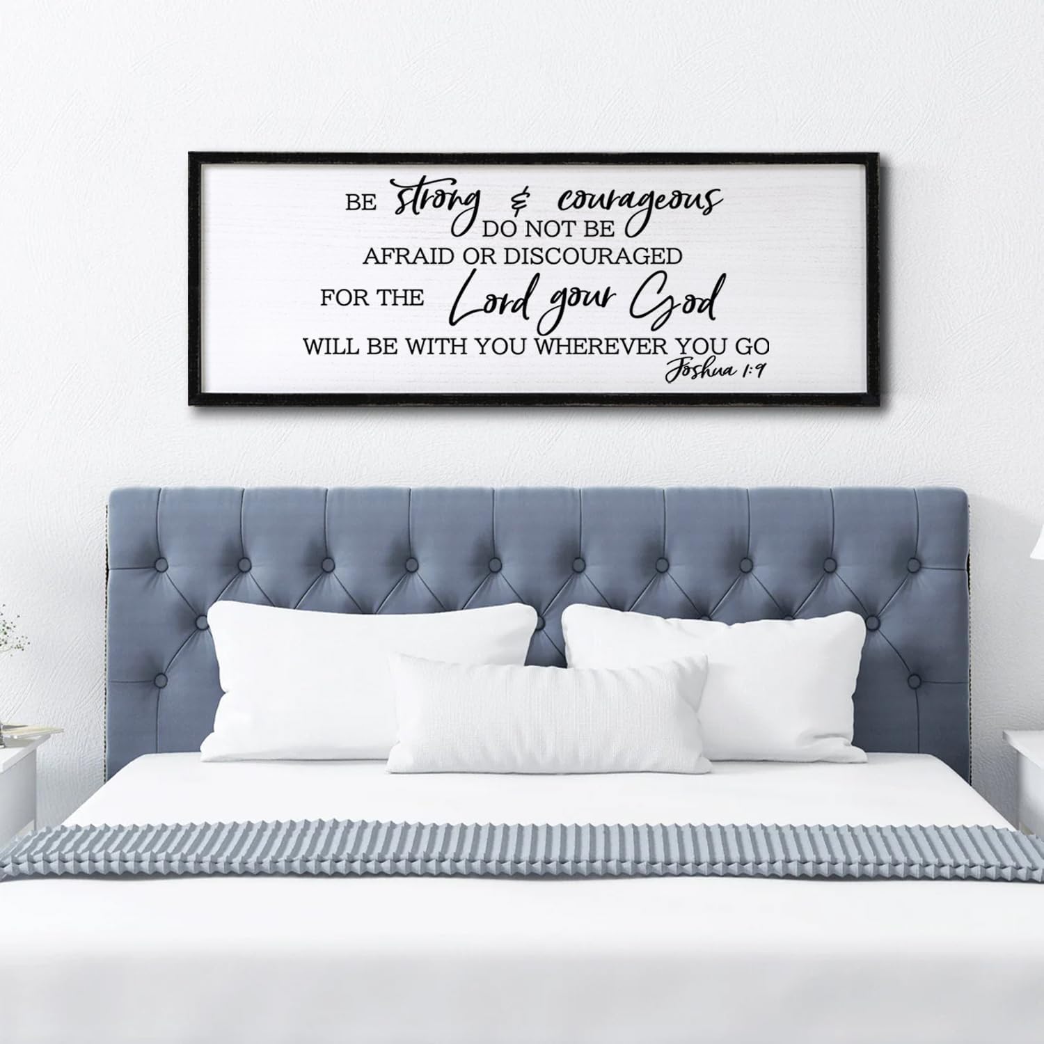 Be Strong And Courageous Sign Bible Verse Framed Wall Art, 32''×12'' Rustic Religious Christian Proverbs 3:5-6 Sign, Horizontal Holy Inspirational Catholic Scripture Decor Black Frame 32"L x 12"W Be Strong And Courageous