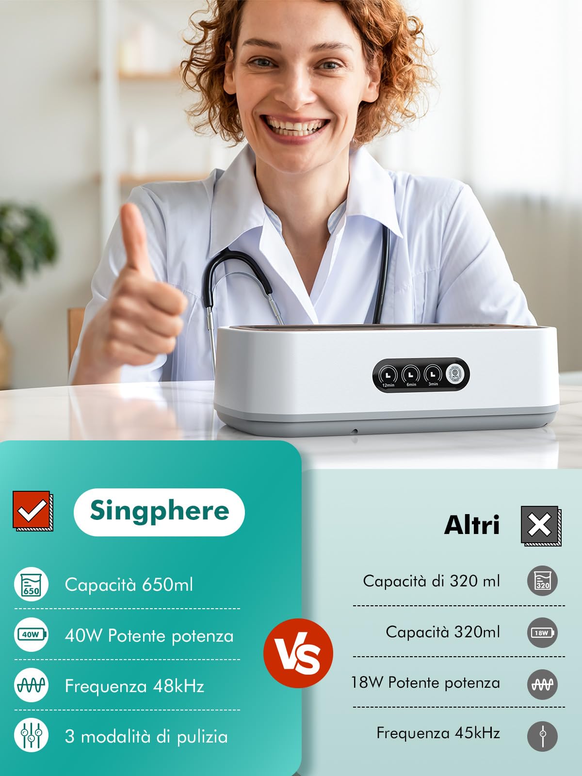 Singhere Pulitore Ultrasuoni, 48 kHz, 650 ml di Capacità per una Pulizia Profonda a 360 gradi, Funzionamento one-Touch, Adatto per la Pulizia di Occhiali, Gioielli, Dentiere