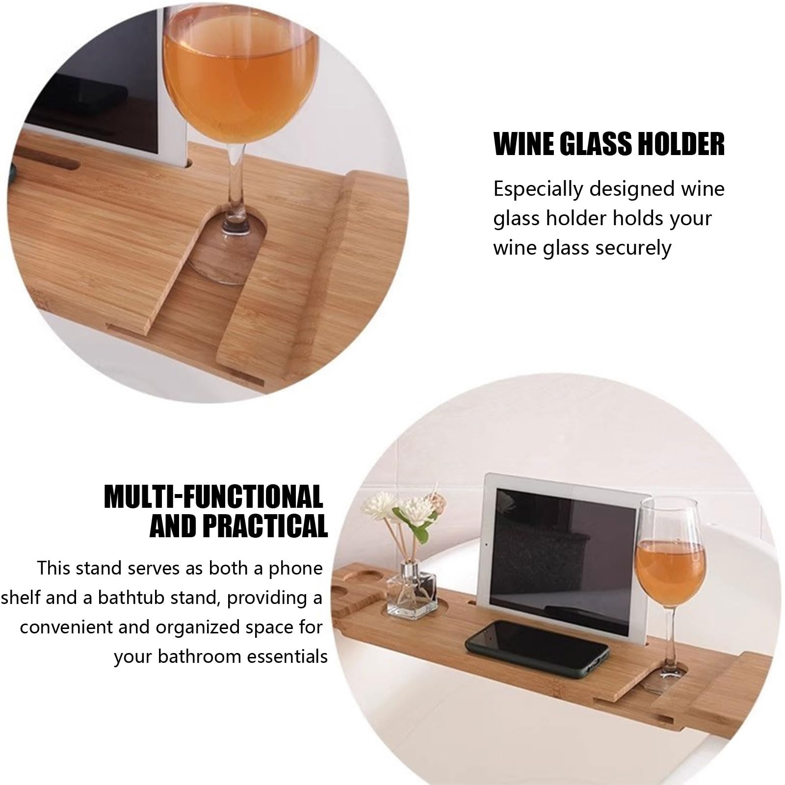 Caddy Vassoio da Bagno Premium, Vassoio da Bagno in bambù Naturale per Vasca, 27,6 "Vassoio da Bagno, Porta per Tablet e Bicchiere da Vino, Accessori da Bagno e Gadget da Bagno