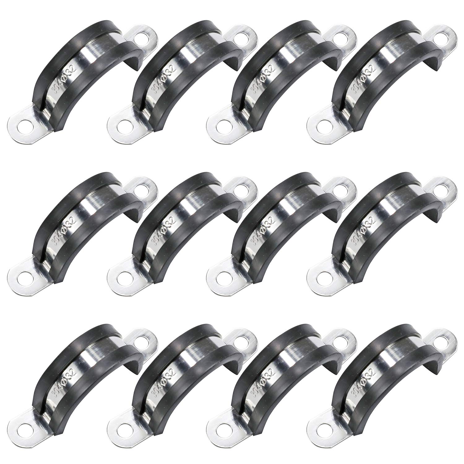 AKIHISA 12 Pcs 32mm Rubber Pipe Strap 304 stainless steel Rubber Cushioned Cable Clamp, 2 hole u-tube strap clamp for Tube, Pipe or Wire Cord Installation