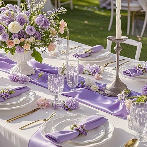 Miniatura 4 de Gankar Paquete de 10 caminos de mesa de satén de 12 x 108 pulgadas de largo, color lavanda para bodas, fiestas, cumpleaños, banquetes, restaurantes
